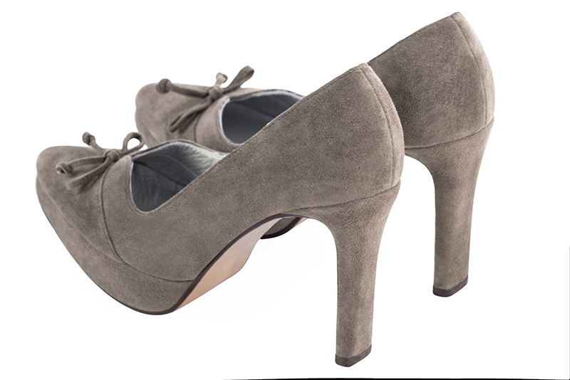 Taupe brown women's dress pumps, with a knot on the front. Tapered toe. Very high slim heel with a platform at the front. Rear view - Florence KOOIJMAN
